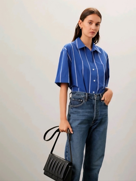 Madewell Tops - MADEWELL Blue Striped Boxy Cotton Button Up Collared Neckline Shirt Size Xl